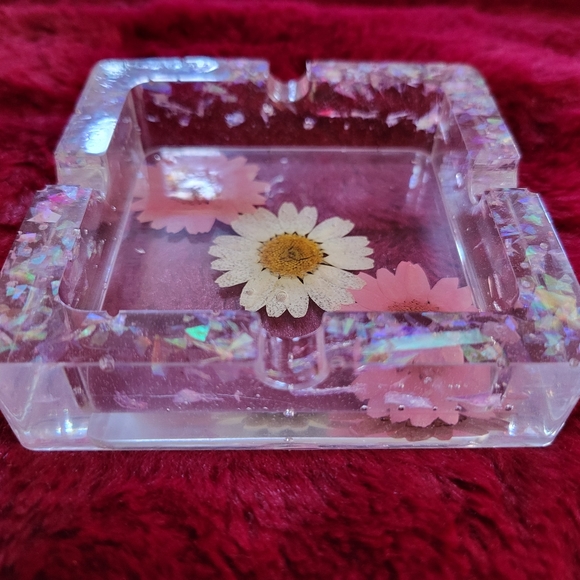 Handcrafted Flowers Candy Dish Ashtray Resin Art Stars Glitter - Picture 3 of 13